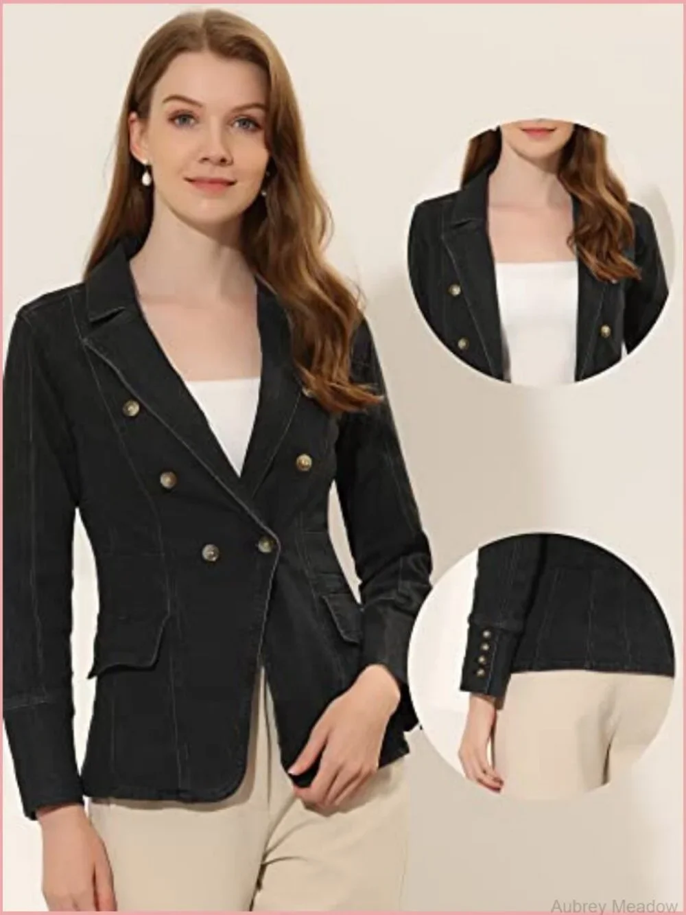 Women's Denim Jacket Button Down Notched Lapel Long Sleeve Office Blazer